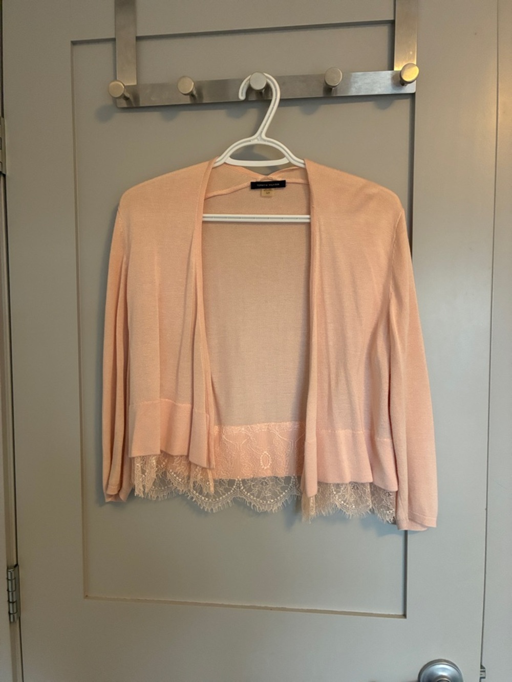 Tommy Hilfiger Pale Pink Lace-Trim Open Cardigan Size Small EUC